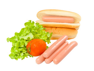 Hot dog, lettuce,tomato,and bread on white background
