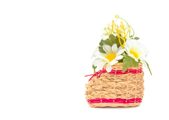 Fototapeta na wymiar Basketry Shoes with Artificial chrysanthemum flower on white bac