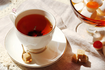 Cup of tea on table, close up