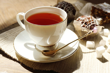 Cup of tea on table, close up