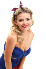 Beautiful girl with pretty smile in pinup style, isolated