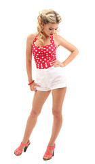 Beautiful girl with pretty smile in pinup style, isolated