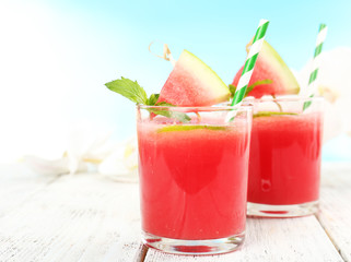 Watermelon cocktail on table, close-up