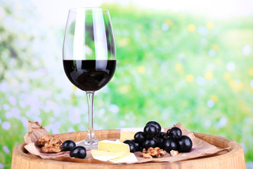 Tasty wine and ripe grape on green nature background