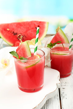 Watermelon cocktails on table, close-up