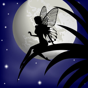 Silhouette fairy girl on a background with the moon