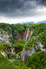 Fototapeta na wymiar Lake at Plitvice Lakes National Park in Croatia with waterfalls