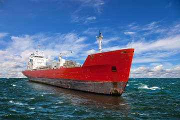 Perspective view on a tanker at sea.