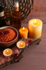 Composition with spa treatment on wooden background
