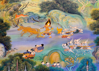 Native Thai mural painting on temple wall, Thailand © boonsom