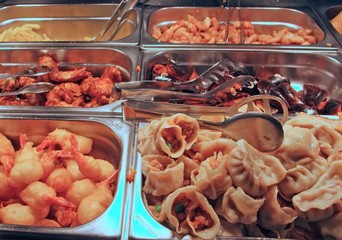 trays with food in the canteen of the self-service restaurant