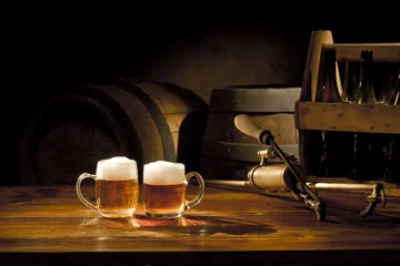 Fototapeten beer still life on the table with old keg of beer and tap © habrda