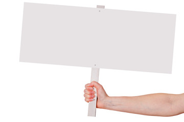 Hand holding blank white sign