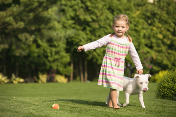 Junges Mädchen spielt mit Hund im Garten