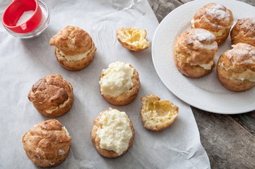 Cream puffs filled vanilla custard
