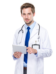 Caucasian medical doctor touch on digital tablet