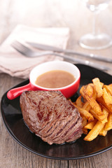 beef, french fries and sauce