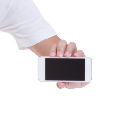 Man hand hold mobile phone isolated on white background, clippin