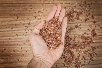 Brown rice in hand on wooden background