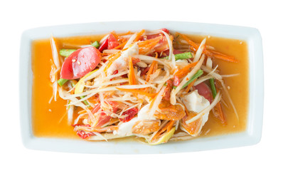 Spicy papaya salad with salted eggs on white background
