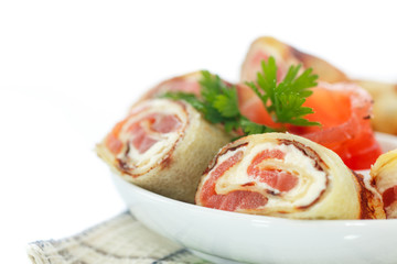 pancakes with cheese curds and salted salmon