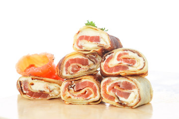 pancakes with cheese curds and salted salmon