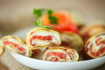 pancakes with cheese curds and salted salmon