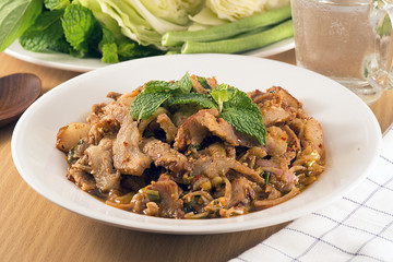 Thai cuisine spicy pork salad, Moo Nam Tok.