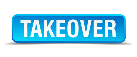 Takeover blue 3d realistic square isolated button