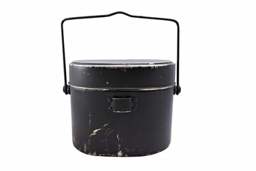 Old campfire cooking pot isolated on white