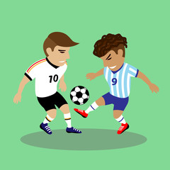 Two soccer players fighting for a ball