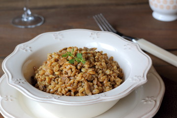 Mushroom farrotto, risotto made out with farro instead of rice
