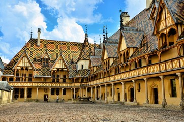 Iconic courtyard of Hotel Dieu, Beaune, France