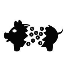 Broken piggy bank and coins