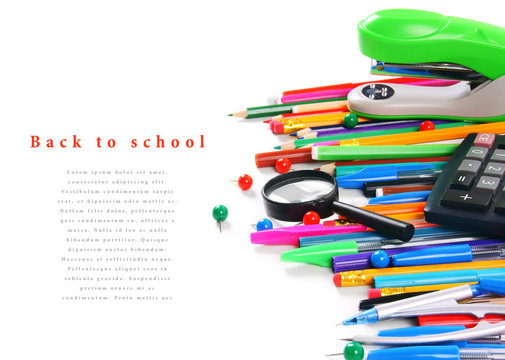 School tools and accessories on white background.