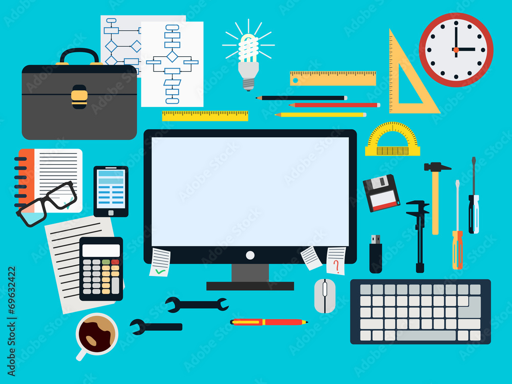 Poster programmer workplace flat vector concept