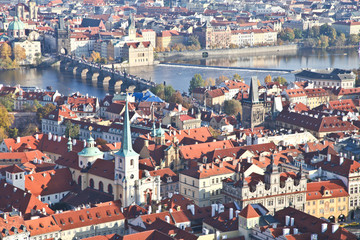 Naklejka na ściany i meble Top view of Prague city in Autumn