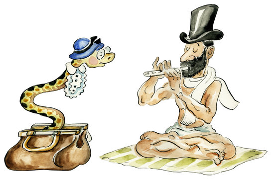 Snake charmer comic illustration