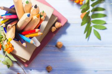 Pencils books concept back school autumn fruit