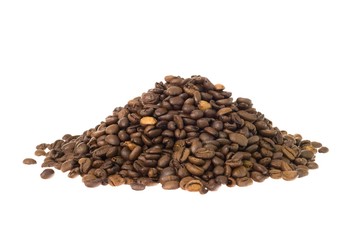 Pile of coffee beans on white background