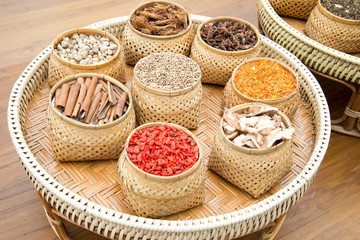 dried herbs, spices and and pepper