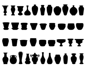 Black silhouettes of pottery and vases, vector