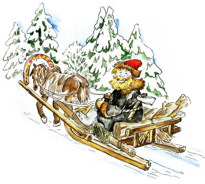Happy man in a horse sleigh carrying firewood
