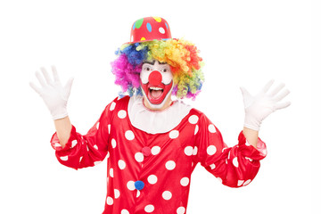 Male clown gesturing with hands