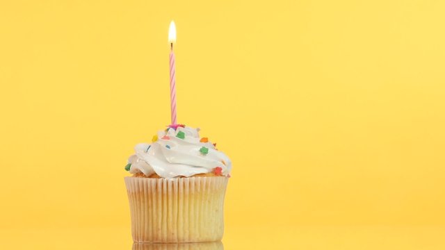 tasty birthday cupcake with candle, on yellow background