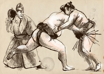 Sumo.An full sized hand drawn illustration in calligraphic style