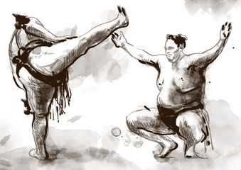Sumo. An full sized hand drawn illustration in calligraphic styl - obrazy, fototapety, plakaty