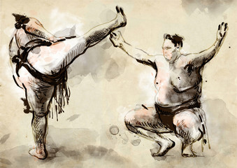 Sumo. An full sized hand drawn illustration in calligraphic styl - obrazy, fototapety, plakaty