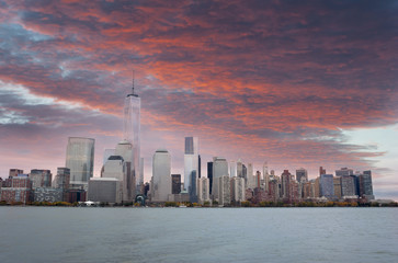 New York City Skyline red sunset