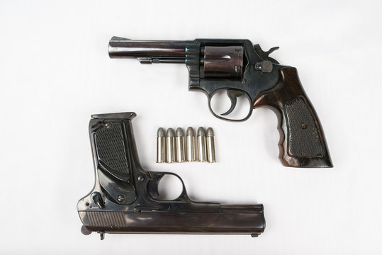 Black revolver gun and Semi-automatic 9mm gun
